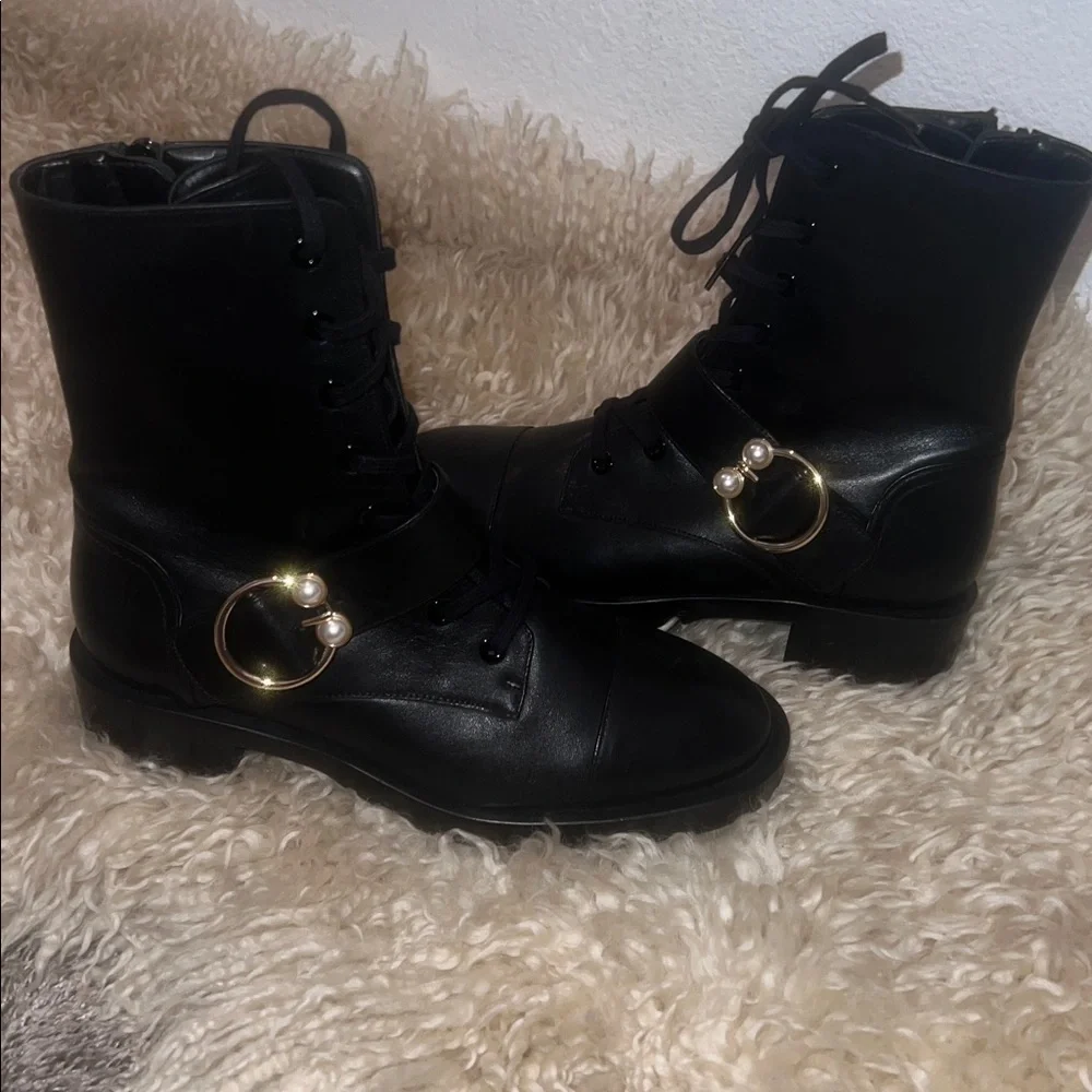 Stuart Weitzman Pearlring Leather Ankle Combat Bootie Black